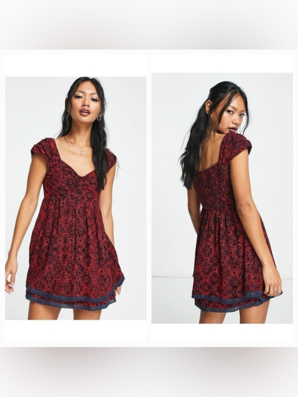 Free People Red Floral Smocked Tabitha‎ Mini Dress Sz. L NWT